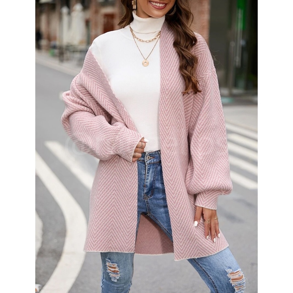 Knit Chevron Open Cardigan Bishop Sleeves Hip Length Pink & White - Picture 4 of 10